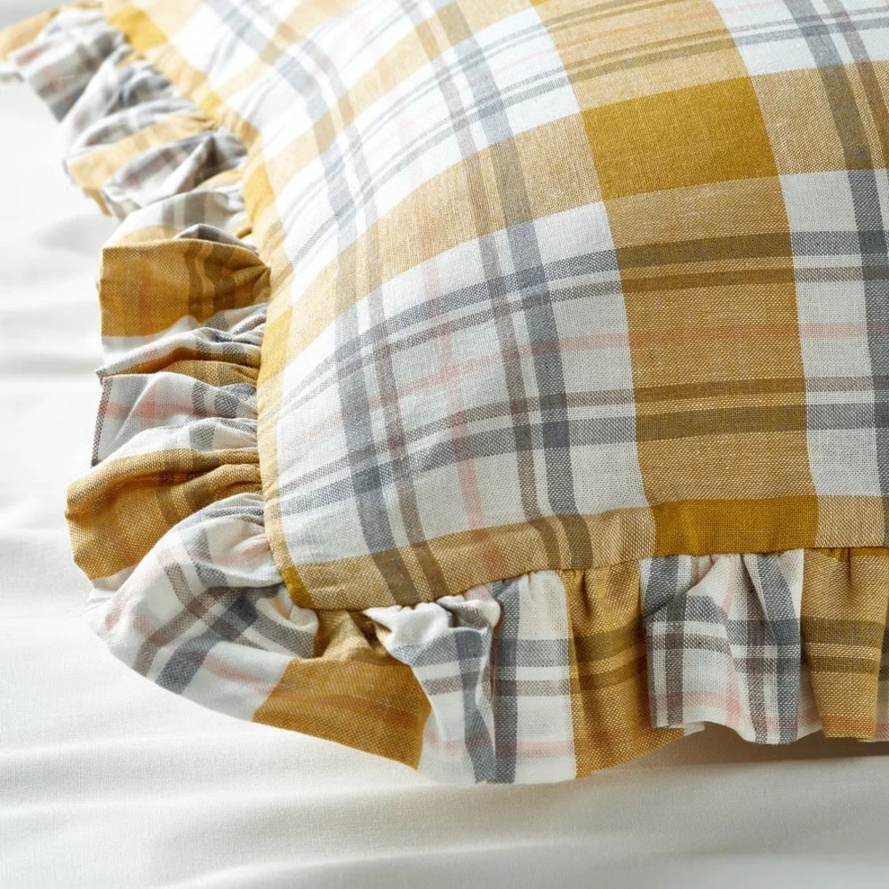 2 Mustard Plaid Ruffled Pillow Sham - Home Bedding